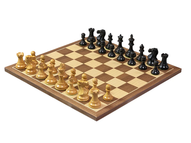 Compact Elite Ebonised Chess Pieces, 15.75" Walnut Board & Slide Top Box - CHESSMAZE STORE UK