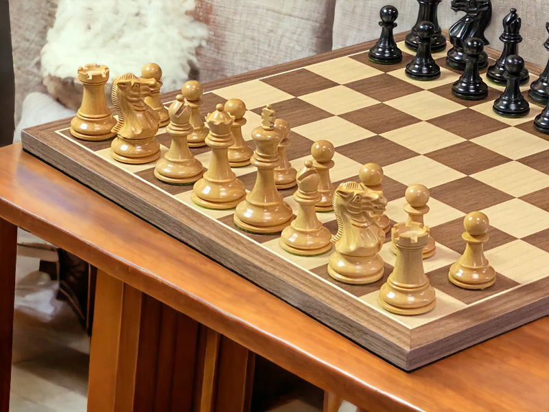 Compact Elite Ebonised Chess Pieces, 15.75" Walnut Board & Slide Top Box - CHESSMAZE STORE UK