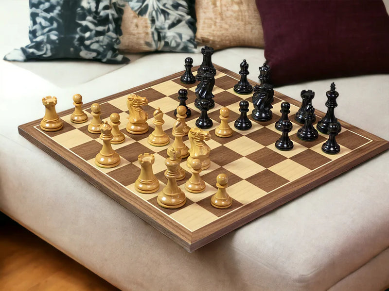 Compact Elite Ebonised Chess Pieces, 15.75" Walnut Board & Slide Top Box - CHESSMAZE STORE UK