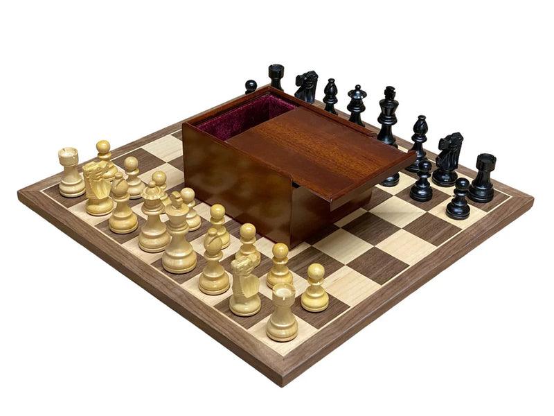 Compact Walnut Board 3.4" British Ebonised Pieces, Slide top Box - CHESSMAZE STORE UK